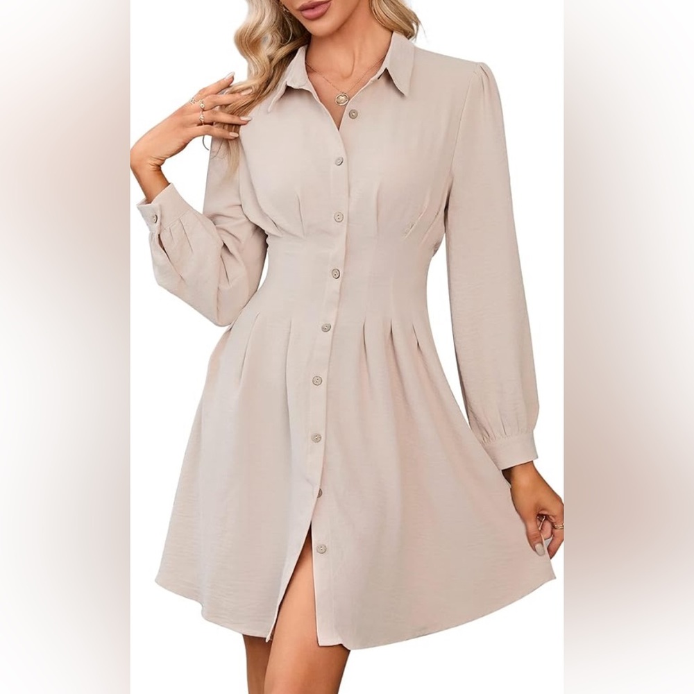Missky Puff Sleeve Elastic Waist Button Down Business Dress - Sage